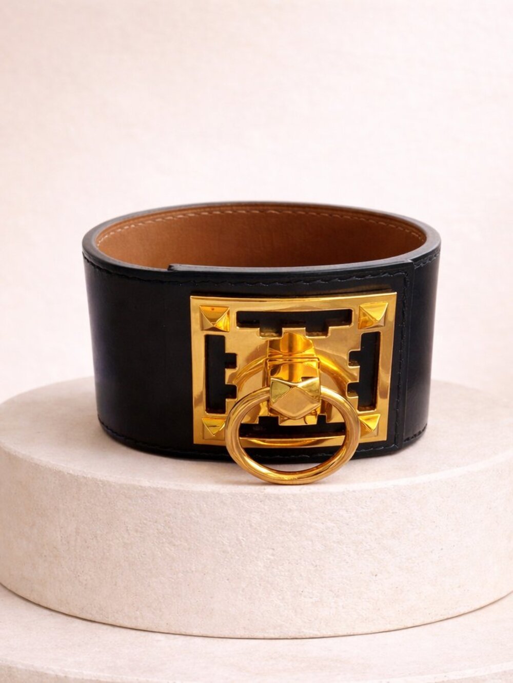 Hermes Creneau Bracelet in Black Leather with Gold Hardware